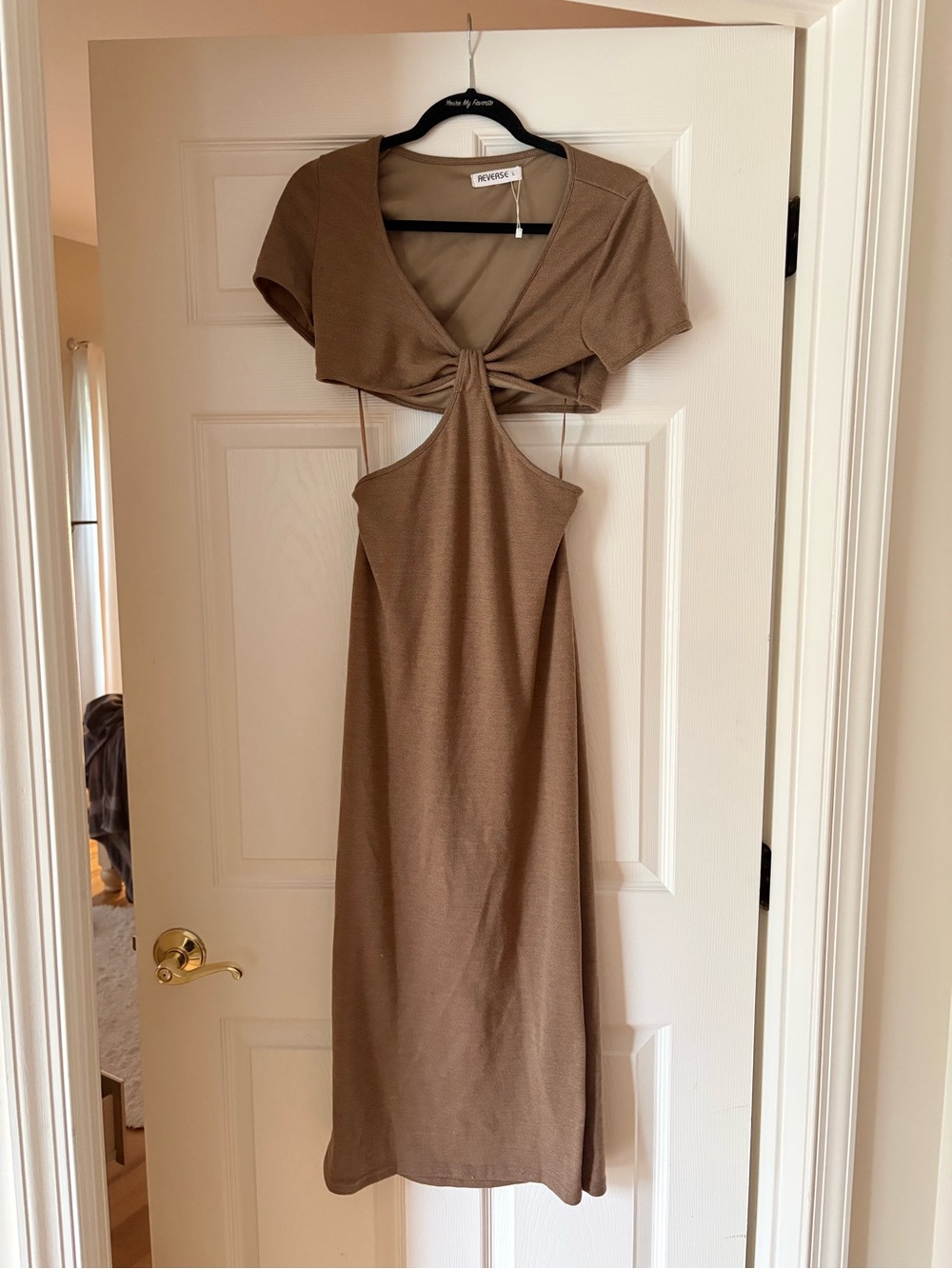 Reverse Brown Knot Front Cutout Midi Dress
